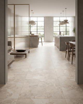 Ceppo Bianco matt stone effect porcelain tiles on the floor of a modern kitchen