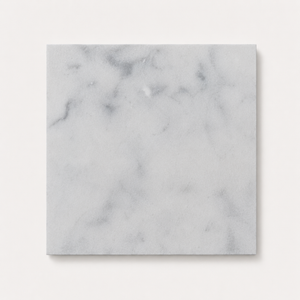 A square white marble tile with soft grey veining, shown flat against a clean off-white background.