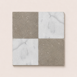 Four square tiles arranged in a 2x2 chequer grid, featuring a mix of matte taupe-gray stone and light gray marble textures.