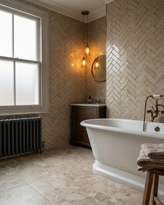 Bathroom with freestanding bathtub, wooden vanity, and herringbone tile pattern.