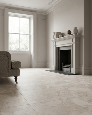 Ceppo Beige matt stone effect porcelain on a Living room floor, with a fireplace, and window
