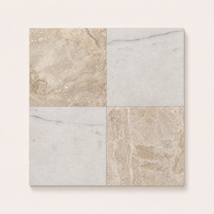 Four square stone-look tiles arranged in a 2x2 chequer grid, featuring a mix of light beige, cream, and soft grey marble textures.
