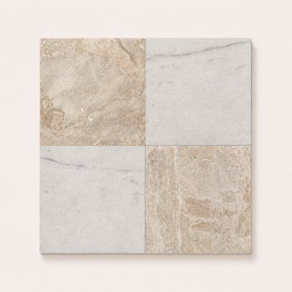 Four square stone-look tiles arranged in a 2x2 chequer grid, featuring a mix of light beige, cream, and soft grey marble textures.