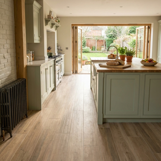 Modern farmhouse kitchen with wood effect floor tiles and large opendoors overlooking a garden.