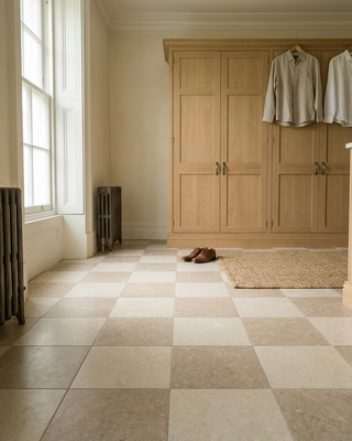 Ground White and Taupe Chequer Matt Stone Effect Porcelain