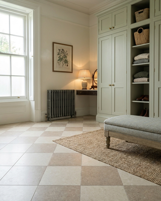 Ground White and Taupe Chequer Matt Stone Effect Porcelain