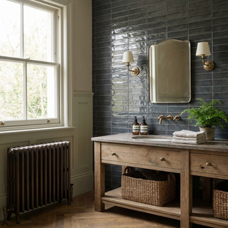 Bathroom with wooden vanity, mirror, and window