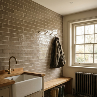 Nestled corner of a room with tiled wall, wooden bench, and sink.