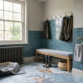 Bathroom with blue tiled walls, wooden bench, and window.