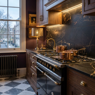 A luxury kitchen scene featuring a black gas range with brass knobs, dark marble countertops and dark brown marble effect backsplash, copper pots on the stove, dark wood cabinetry and a chequerboard floors.