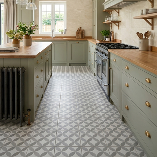 Modern kitchen with wooden countertops, green cabinetry, and patterned floor tiles.