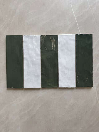 Monaco Glazed Blanc and Botanical Green Ceramic Striped Bricks