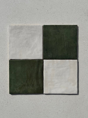 Four square tiles in flint green and botnaical grey