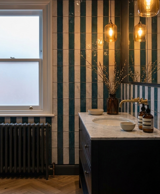 Monaco Glazed Azur Blue and Cloud Grey Striped Ceramic Bricks