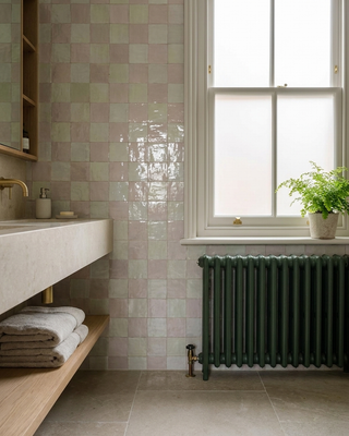 Monaco Zellige Flint Green and Rose Pink Chequer Square Glazed Ceramic