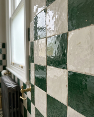 Monaco Zellige Botanical Green and Blanc Chequer Square Glazed Ceramic