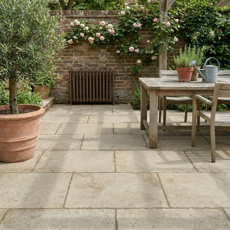 Outdoor patio with wooden table, chairs, and potted plants in a garden setting.
