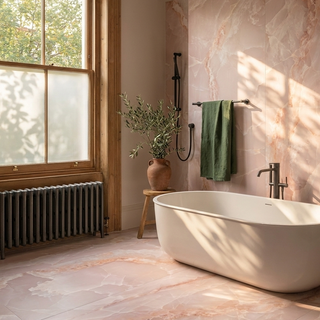 Modern bathroom with freestanding bathtub, marble walls, and a large window.