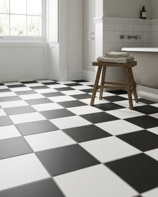 Bathroom with black and white checkered floor and wooden stool.