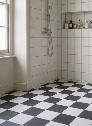 Bathroom with black and white checkered floor, tiled walls, and a shower setup.