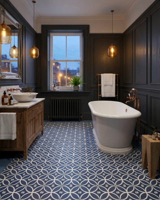 Modern bathroom with freestanding bathtub, patterned floor and wooden vanity.