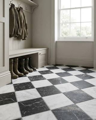 Piazzetta Tumbled Chequer White & Nero Marble