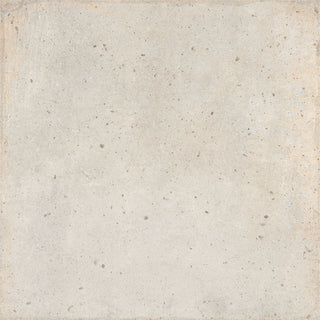 A square tile in light beige stone colour with a concrete texture with subtle speckling and a slightly distressed border.