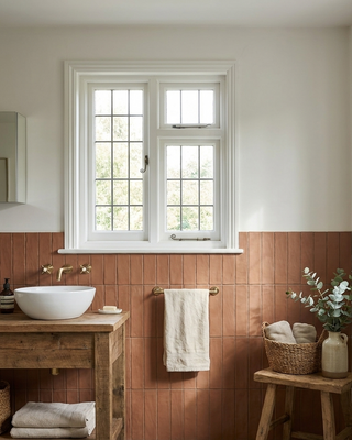 Bathroom with wooden vanity, towel rack, and window.