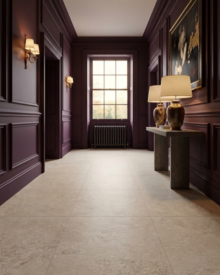 Luxurious hallway with dark paneled walls, a window, and decorative lamps.