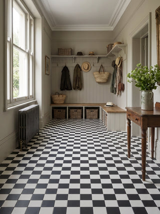 Victoriana Nero and Blanc Square Chequer Matt Porcelain Tiles