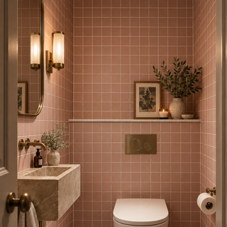 A modern bathroom interior with Terrracotta square wall tiles, a white wall-mounted toilet, a stone sink, warm brass fixtures and decorative plants and framed art.