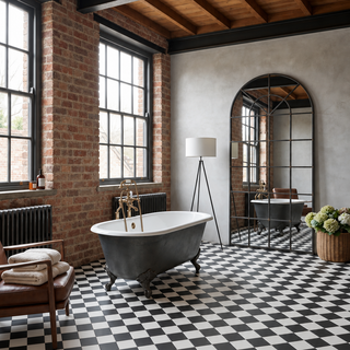 A luxury bathroom interior featuring a black and white checkered floor, a vintage clawfoot bathtub, exposed brick walls, and a large arched mirror.