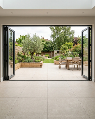 Kitchen with bifold doors onto a patio. Matching indoor outdoor tiles