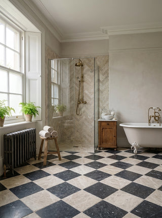 Corinthian and Piazzetta Nero Tumbled Marble Chequer