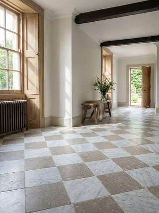 Olivestone Tumbled Limestone and Carrara Tumbled Marble Chequer