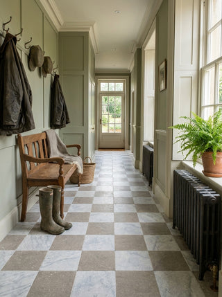 Olivestone Tumbled Limestone and Carrara Tumbled Marble Chequer